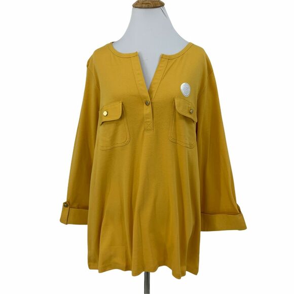 Charter Club Luxury Top Women Plus Size 2X Marigold Pima Cotton Notch Rolled Tab - Picture 1 of 11